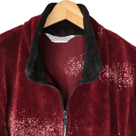 Large Vintage Coastlines Plush Zip Up Burgundy Teddy Jacket Coastal Coat - Picture 3 of 11